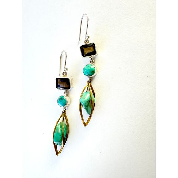 Natural Turquoise Smokey Quartz Dangle Earrings Sterling Silver Brass Cage - Picture 6 of 9